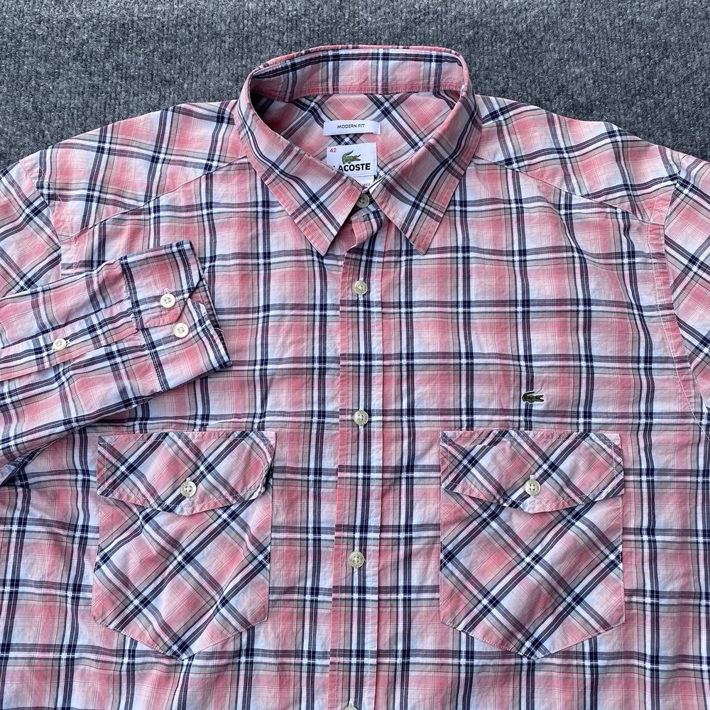 Lacoste Modern Fit Plaid Long Sleeve Work Button Shirt Mens Size 42 Retro Style